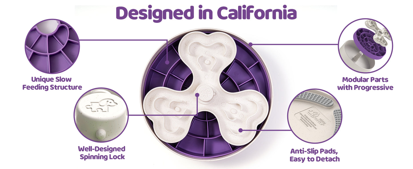 Puzzle Feeder, Slow Feeder Dog Bowl for Large Dogs with Non-Slip Base - Adjustable Speed Design, Removable Puzzle Inserts & Dishwasher Safe, Purple