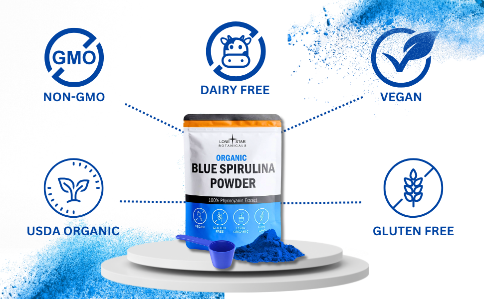 Lone Star, Organic Blue Spirulina Powder - 100% Pure Superfood Blue-Green Algae, No Fishy Smell, Natural Food Coloring for Smoothies & Protein Drinks - Non GMO, Gluten-Free, Vegan + USDA Certified, 60 Servings