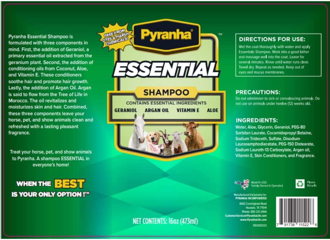 Pyranha Essential Shampoo - With Geraniol, Argain Oil, Vitamin E, Coconut Oil, and Aloe Vera - Die & Paraben Free, Long Lasting Smell, Biodegradable - Shampoo for Horse, Dogs, Cats, and more - 16 OZ