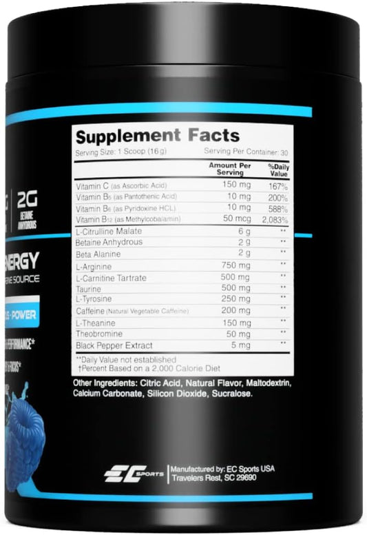 EC Sports, OptiForce Preworkout , 30 Servings, Icey Blue Raspberry, 6G Citrulline Mallate, 2G Beta Alanine, 2G Betaine Anhydrous, Natural Caffeine