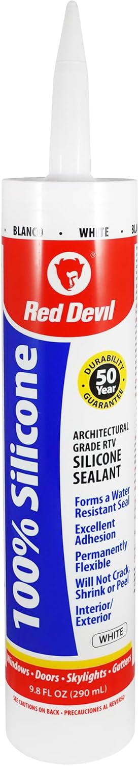 Red Devil, 0816 100% Silicone Sealant Architectural Grade, Silicone Architectural Grade RTV Sealant, A Water-Resistant Adhesive for Interior and Exterior Use, 9.8 oz. Tube, White, 1-Pack