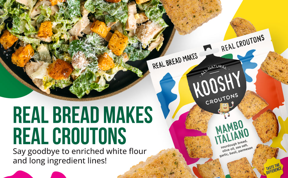 Kooshy Croutons, Mambo Italiano (Sourdough Bread, Garlic, Basil, Parmesan), All Natural, Vegetarian, Non-GMO Croutons for Salad, Soup and More, 5oz Pouch(1 Pack)