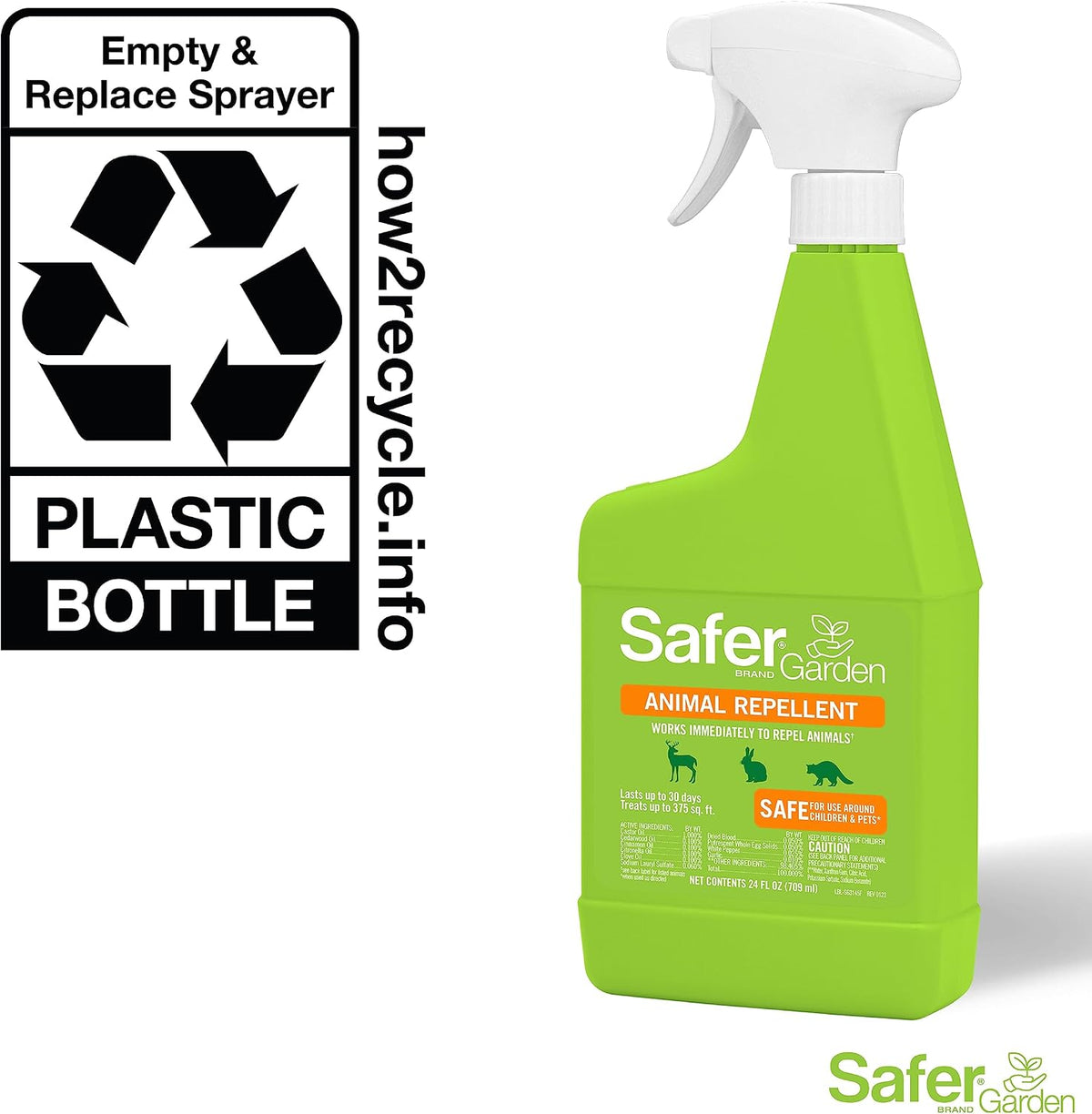 Safer, Garden Animal Repellent Ready-to-Use Spray – Dual-Action Formula Repels Birds, Cats, Deer, Dogs, Groundhogs, Rabbits, Raccoons, Skunks & Squirrels – Protects up to 375 Sq Ft - SG3145, 24 fl oz