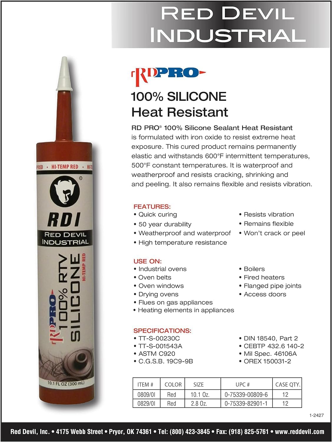 Red Devil, 08090I RD PRO 100% Heat Resistant RTV Silicone Sealant, A Water-Proof and Weatherproof Adhesive For High-Heat Use, 10.1 oz. Tube, Red, 1-Pack