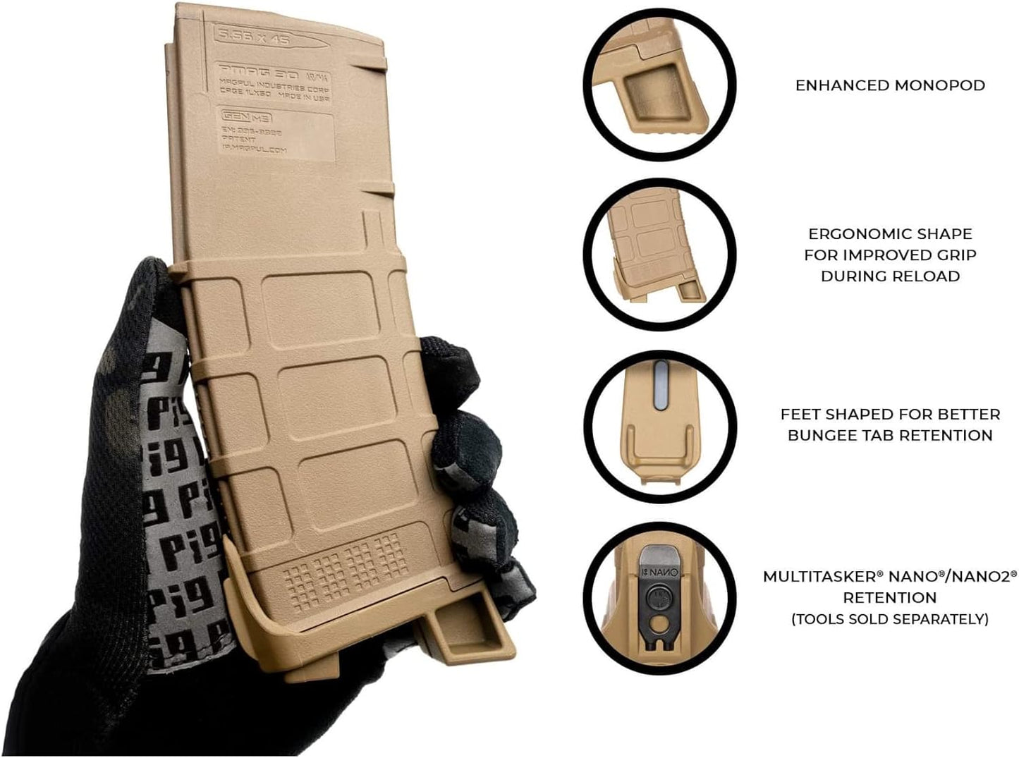 Magpod, Monopod Base Plate Compatible with Magpul Gen M3 PMAGs 3-Pack, Tan, 88664