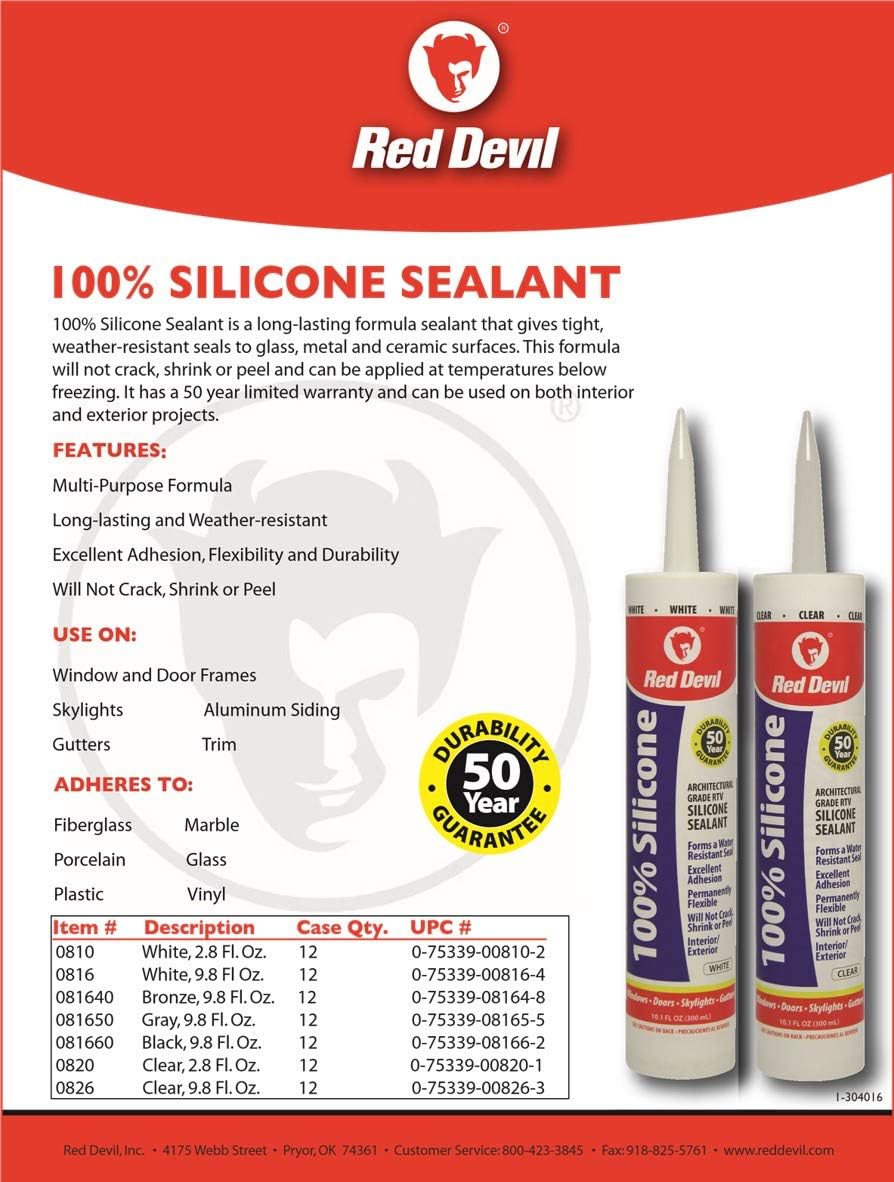 Red Devil, 0816 100% Silicone Sealant Architectural Grade, Silicone Architectural Grade RTV Sealant, A Water-Resistant Adhesive for Interior and Exterior Use, 9.8 oz. Tube, White, 1-Pack