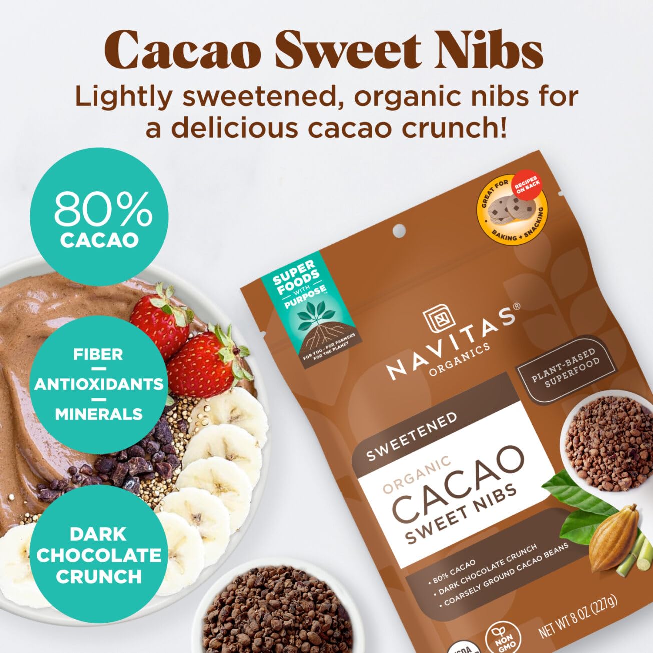 Navitas Organics, Cacao Sweet Nibs, 4oz. Bag, 28 Servings — Organic, Non-GMO, Gluten-Free