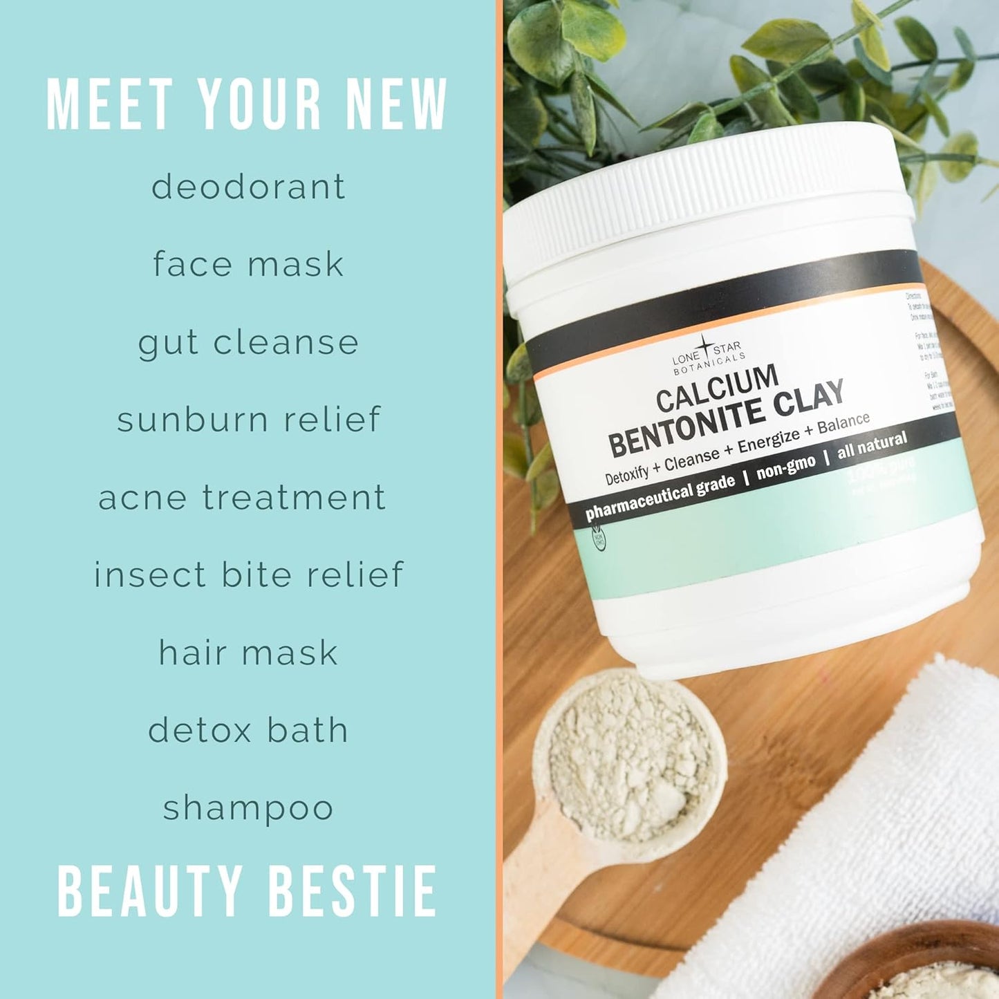 Lone Star, Calcium Bentonite Clay Healing Powder 2lb. - Pure Pharmaceutical, Better Than Food Grade - Face, Body & Hair Mask, for Internal Use, Natural Mud Masks, Deep Pore Cleansing for Health & Beauty