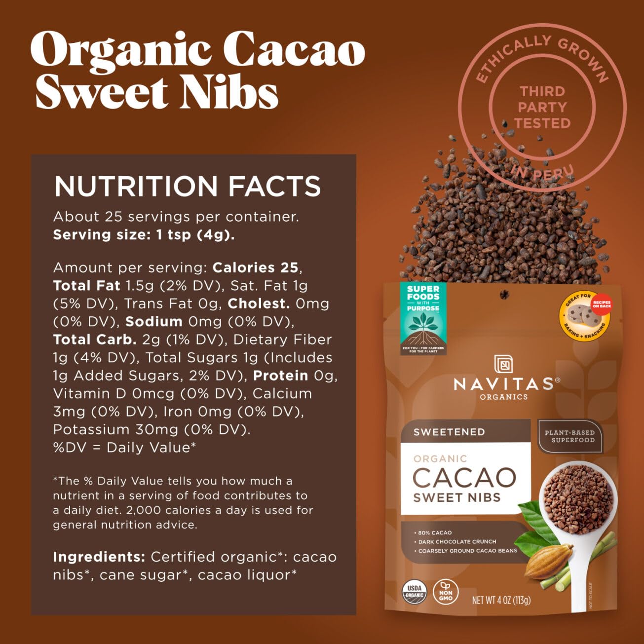 Navitas Organics, Cacao Sweet Nibs, 4oz. Bag, 28 Servings — Organic, Non-GMO, Gluten-Free