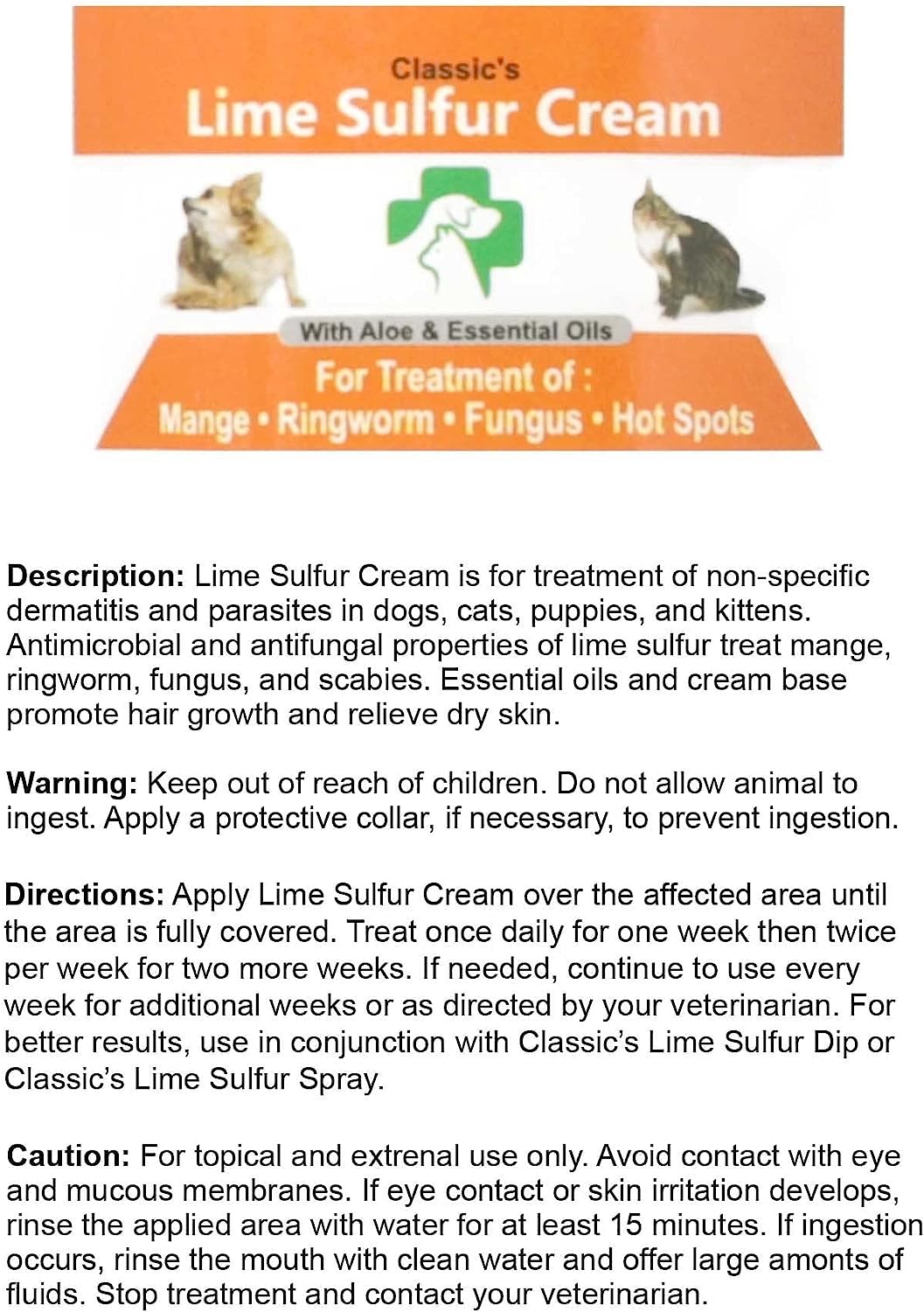 Classic's, Lime Sulfur Pet Skin Cream (2 oz) - Pet Care and Veterinary Treatment for Itchy and Dry Skin - Safe Solution for Dog, Cat, Puppy, Kitten, Horse