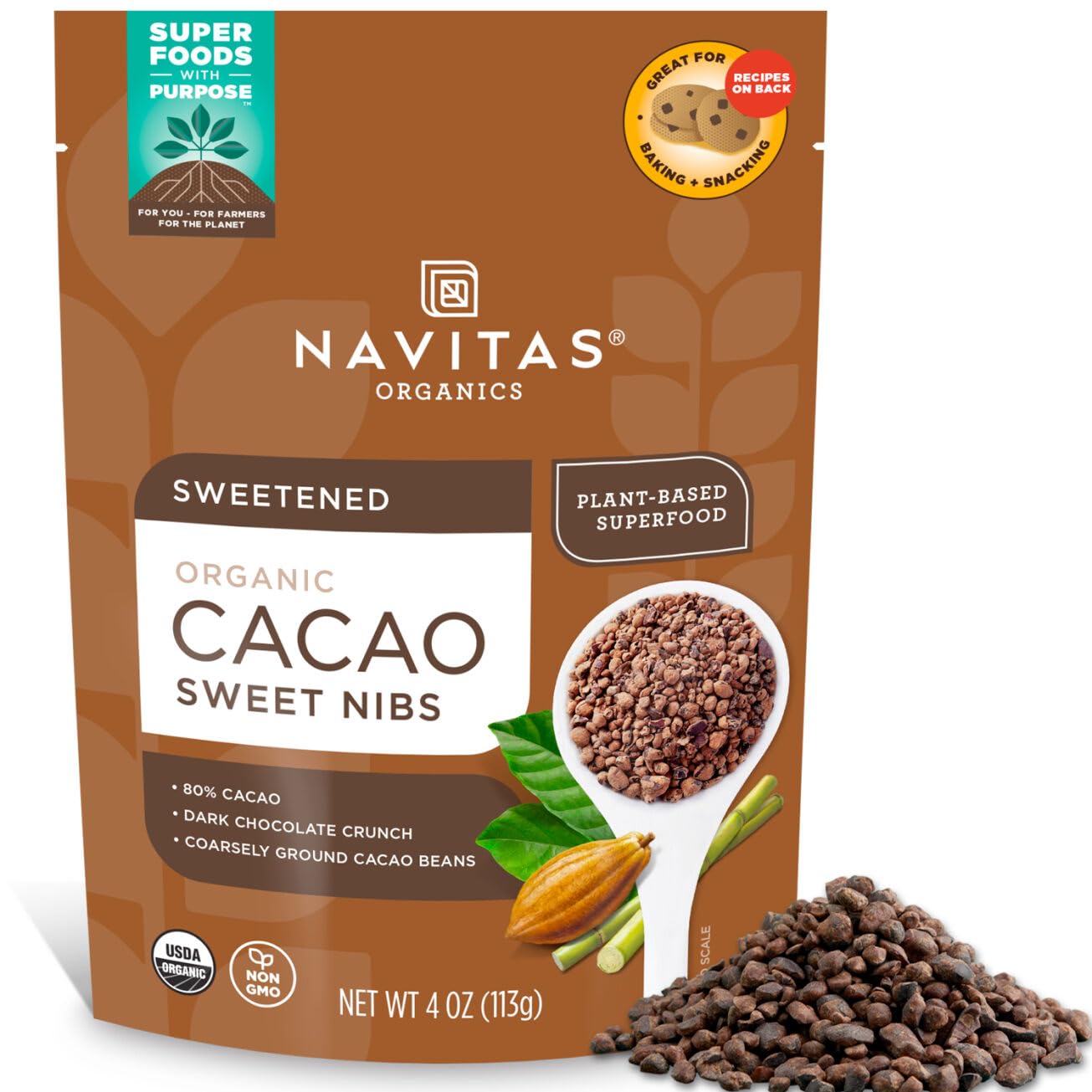 Navitas Organics, Cacao Sweet Nibs, 4oz. Bag, 28 Servings — Organic, Non-GMO, Gluten-Free