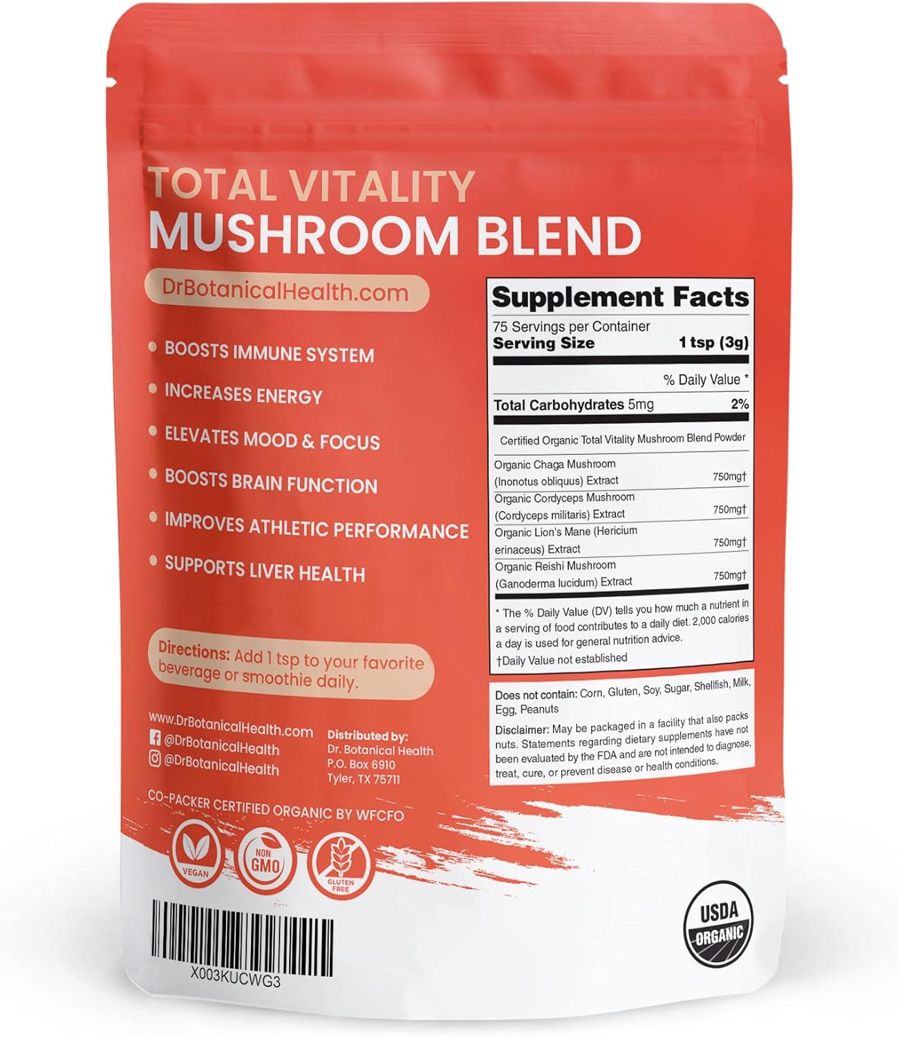 Dr. Botanical Health, Organic Mushroom Powder Blend - 4-in-1 Reishi, Lion’s Mane, Cordyceps and Chaga Mushroom Supplement Extract Complex, Mushroom Blend Powder for Immune Boost & Brain Support, Add to Coffee, Tea or Water