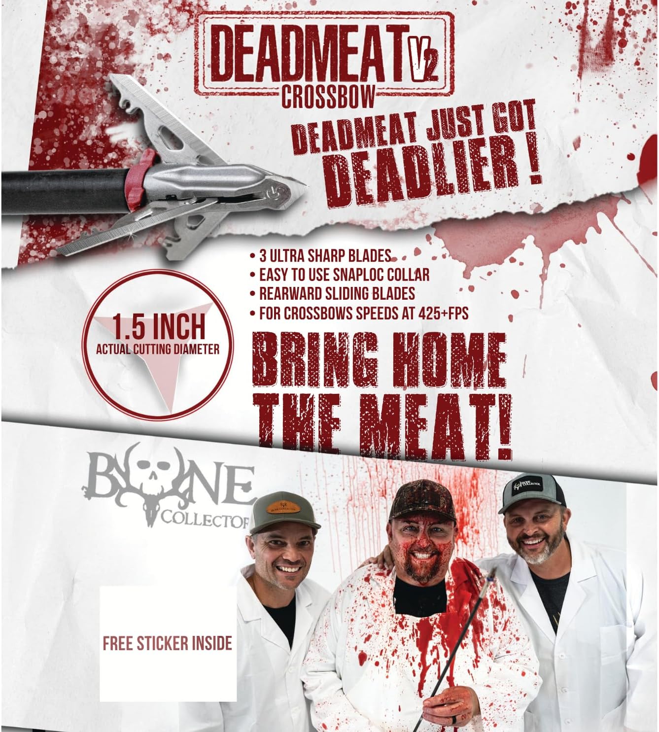 G5, Deadmeat V2 3-Blade Expandable Broadheads | 3-Pack | 100/125 Grains | Razor Sharp 1.5" Cutting Diameter Mechanical Blades | Screw in | Crossbow Compatible | 1 BMP Practice Tip Included