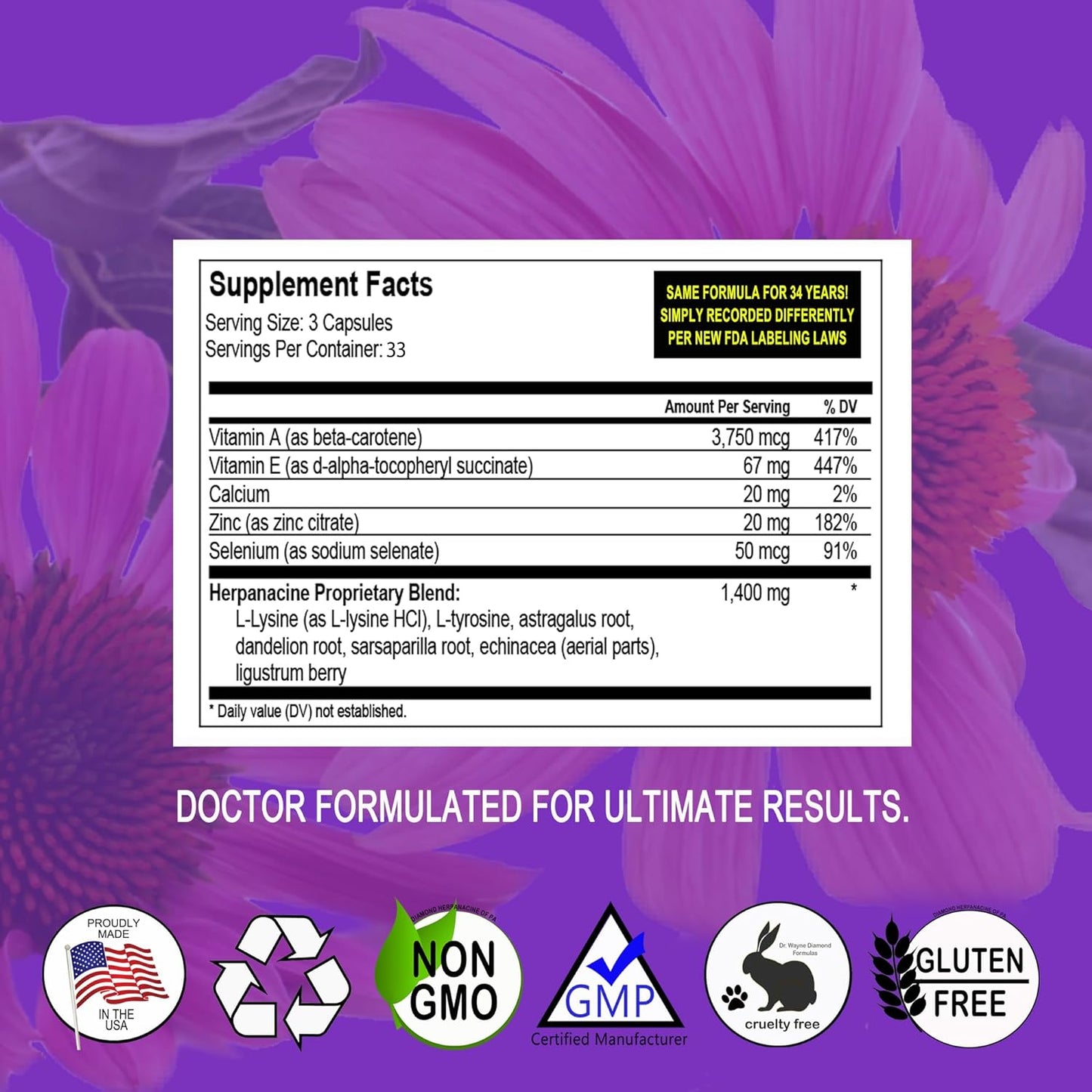 Diamond Herpanacine, Natural Skin Care and Immune Support - Vitamins to Help Clear Skin - Complete Skin and Immune System Support from the Inside Out - Made with Natural Ingredients - (100 Count)