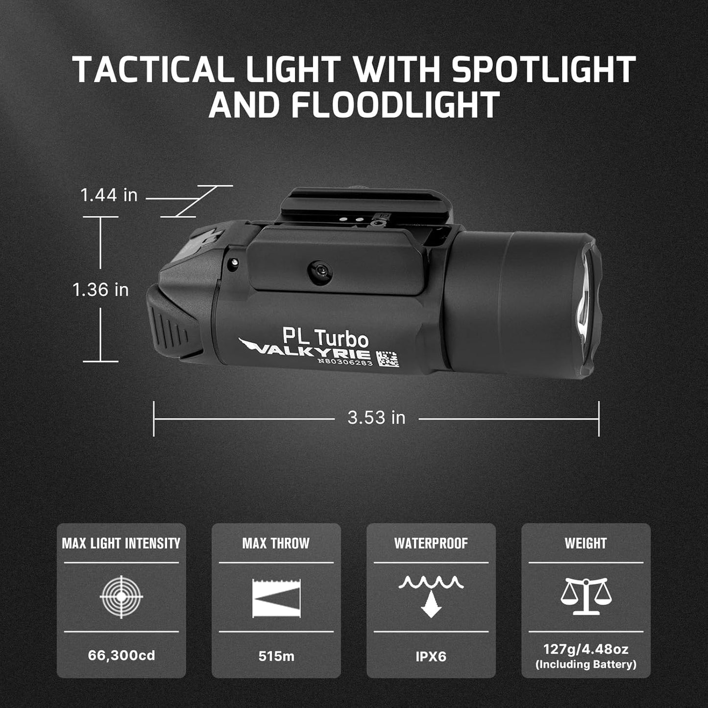 OLIGHT, PL Turbo Weapon light, 800-Lumen 515 Meters Long-Range Tactical Flashlight, 66,300 High Candela Compact Rail-Mounted Light with Strobe Function and Rail Locating Keys, Fits Picatinny and GL Rail