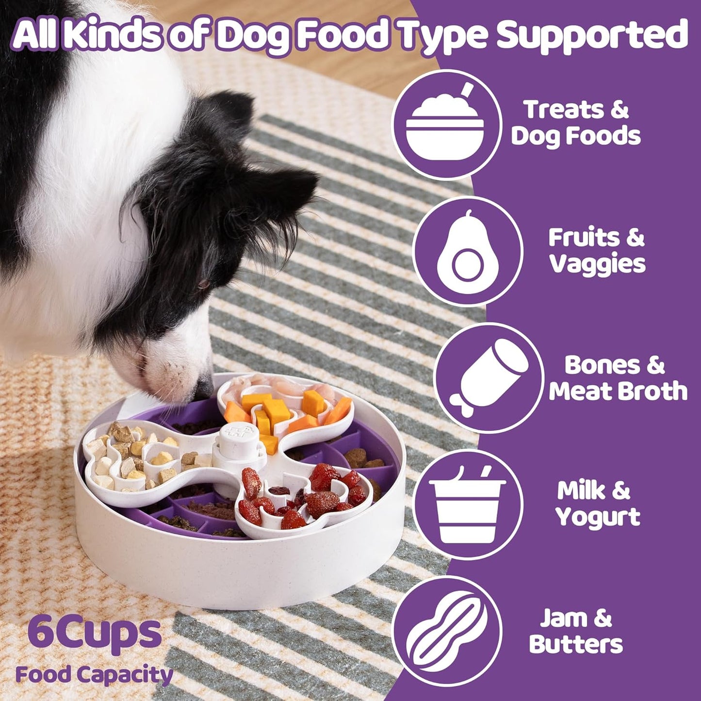 Puzzle Feeder, Slow Feeder Dog Bowl for Large Dogs with Non-Slip Base - Adjustable Speed Design, Removable Puzzle Inserts & Dishwasher Safe, Purple