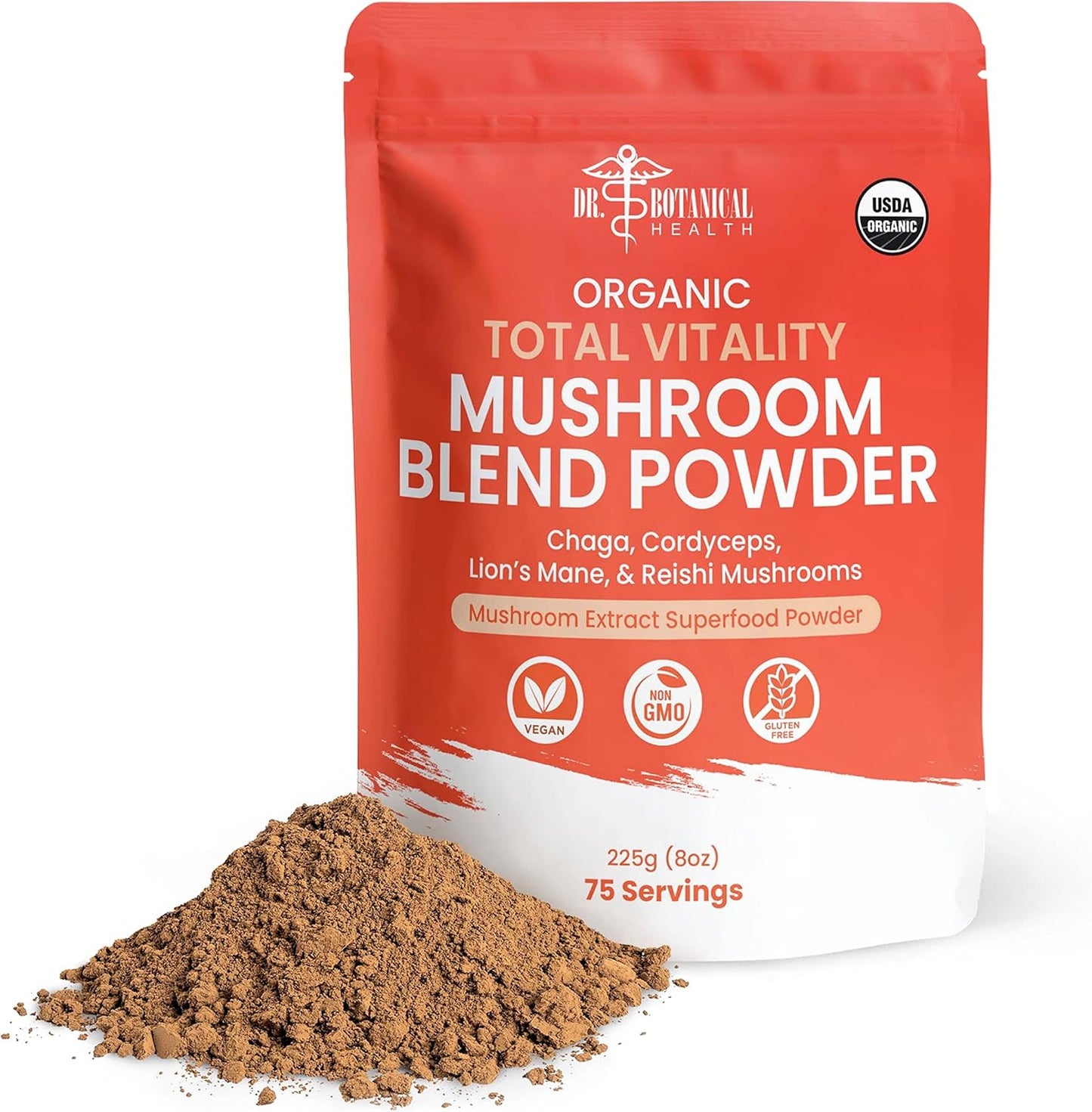 Dr. Botanical Health, Organic Mushroom Powder Blend - 4-in-1 Reishi, Lion’s Mane, Cordyceps and Chaga Mushroom Supplement Extract Complex, Mushroom Blend Powder for Immune Boost & Brain Support, Add to Coffee, Tea or Water