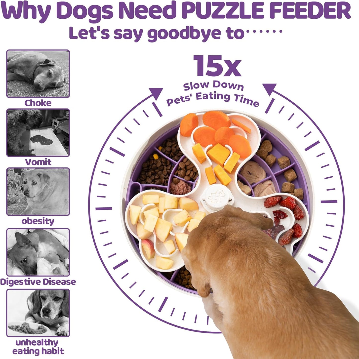 Puzzle Feeder, Slow Feeder Dog Bowl for Large Dogs with Non-Slip Base - Adjustable Speed Design, Removable Puzzle Inserts & Dishwasher Safe, Purple