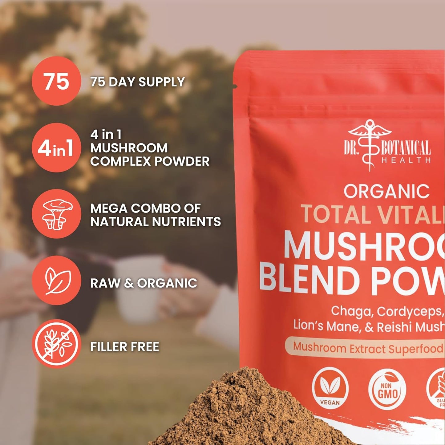 Dr. Botanical Health, Organic Mushroom Powder Blend - 4-in-1 Reishi, Lion’s Mane, Cordyceps and Chaga Mushroom Supplement Extract Complex, Mushroom Blend Powder for Immune Boost & Brain Support, Add to Coffee, Tea or Water