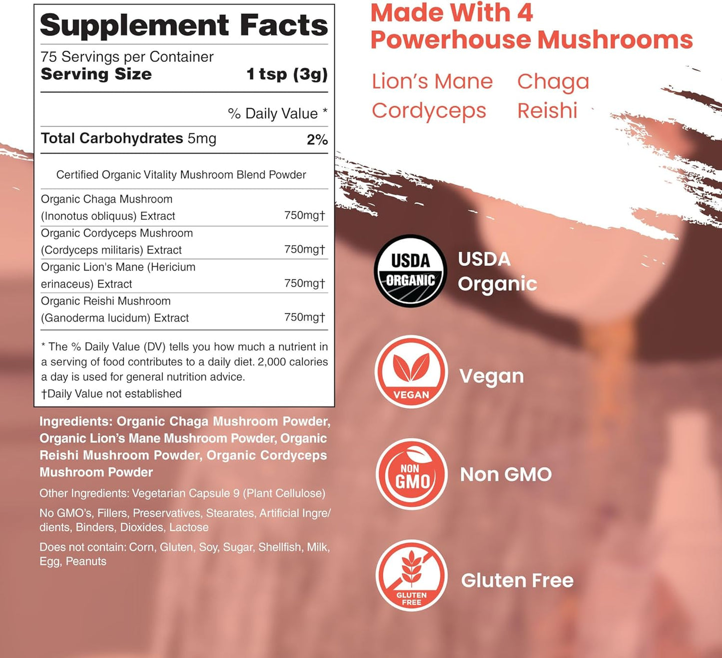 Dr. Botanical Health, Organic Mushroom Powder Blend - 4-in-1 Reishi, Lion’s Mane, Cordyceps and Chaga Mushroom Supplement Extract Complex, Mushroom Blend Powder for Immune Boost & Brain Support, Add to Coffee, Tea or Water