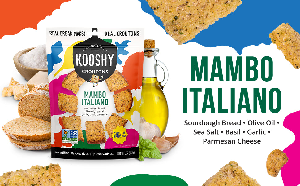 Kooshy Croutons, Mambo Italiano (Sourdough Bread, Garlic, Basil, Parmesan), All Natural, Vegetarian, Non-GMO Croutons for Salad, Soup and More, 5oz Pouch(1 Pack)