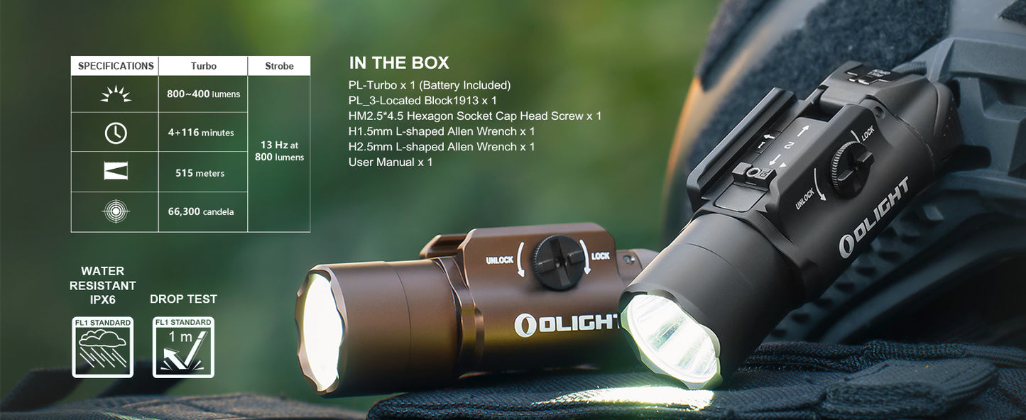 OLIGHT, PL Turbo Weapon light, 800-Lumen 515 Meters Long-Range Tactical Flashlight, 66,300 High Candela Compact Rail-Mounted Light with Strobe Function and Rail Locating Keys, Fits Picatinny and GL Rail