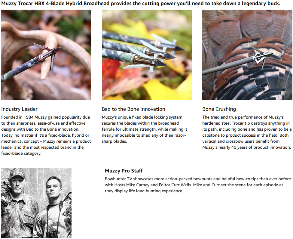 Muzzy, Trocar HBX Hybrid 4 Blade Crossbow Broadhead, 100 Grain