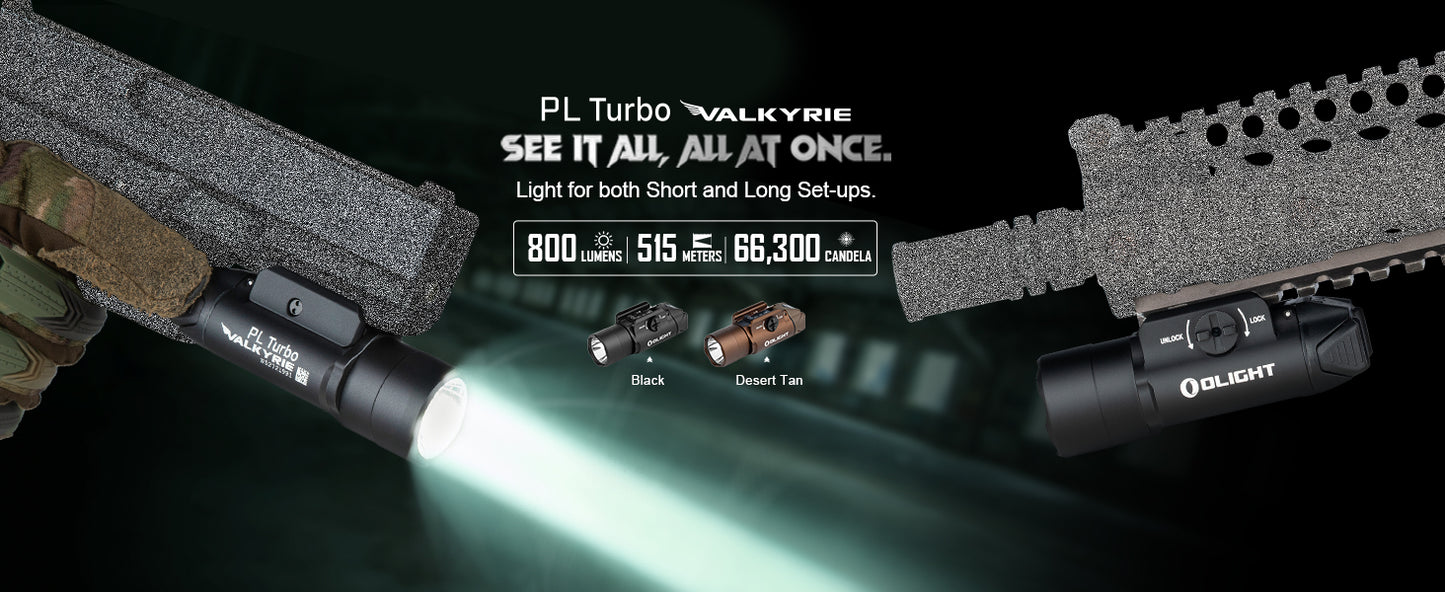 OLIGHT, PL Turbo Weapon light, 800-Lumen 515 Meters Long-Range Tactical Flashlight, 66,300 High Candela Compact Rail-Mounted Light with Strobe Function and Rail Locating Keys, Fits Picatinny and GL Rail