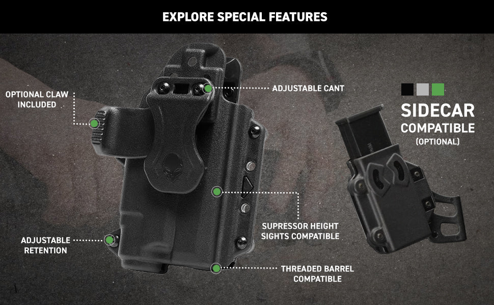 Alien Gear, Photon Holster - Concealed/Open Carry - Custom Fit for Glock 17/47 MOS (Gen 1-5), 22 (Gen 1-4), LTD17, Shadow Systems DR920/MR920L, Zev OZ9 - Right/Left Hand Draw - Adjustable
