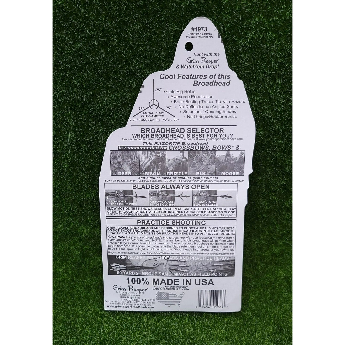 GRIM REAPER 1973 X-Bow Mechanical Broadhead Razortip 1 1/2" Cut 3 Blade 100gr