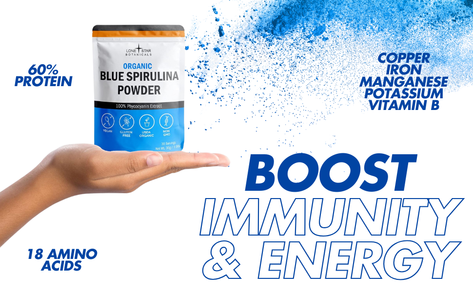 Lone Star, Organic Blue Spirulina Powder - 100% Pure Superfood Blue-Green Algae, No Fishy Smell, Natural Food Coloring for Smoothies & Protein Drinks - Non GMO, Gluten-Free, Vegan + USDA Certified, 60 Servings