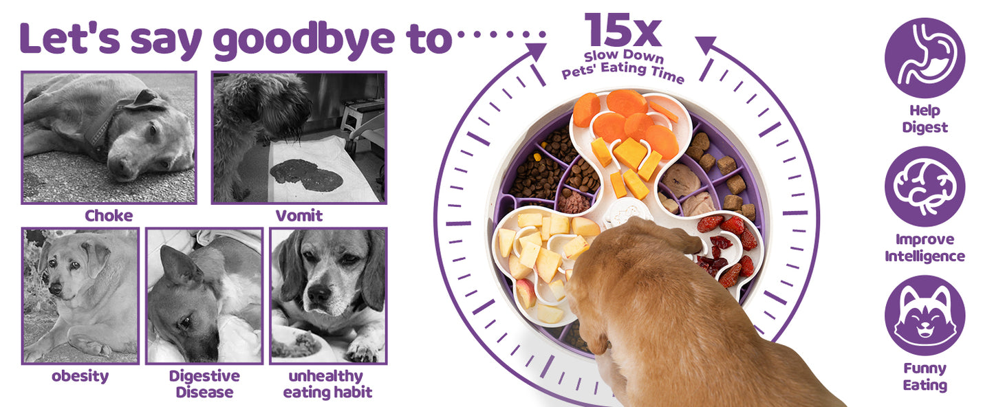 Puzzle Feeder, Slow Feeder Dog Bowl for Large Dogs with Non-Slip Base - Adjustable Speed Design, Removable Puzzle Inserts & Dishwasher Safe, Purple