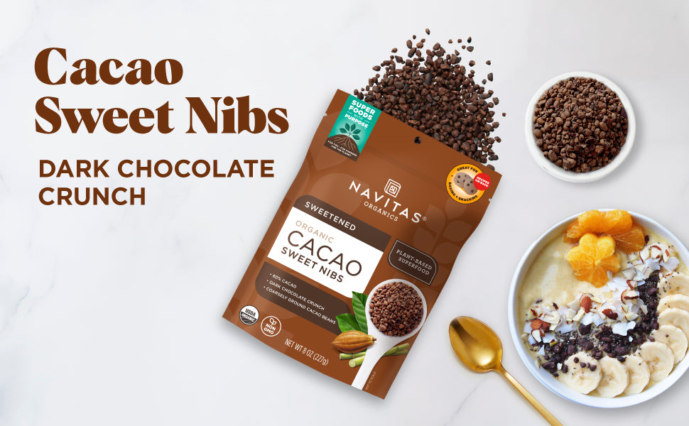 Navitas Organics, Cacao Sweet Nibs, 4oz. Bag, 28 Servings — Organic, Non-GMO, Gluten-Free