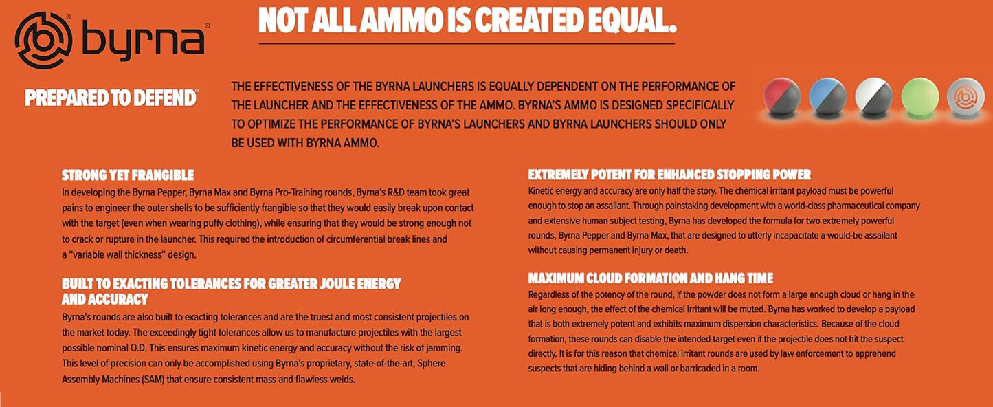 Byrna, MAX Projectiles - | Maximum Stopping Power | OC and CS Non Lethal Pepper Spray & Tear Gas Blend Balls - Non Lethal Self Defense Projectile Rounds for Byrna Launchers, 0.68 Caliber