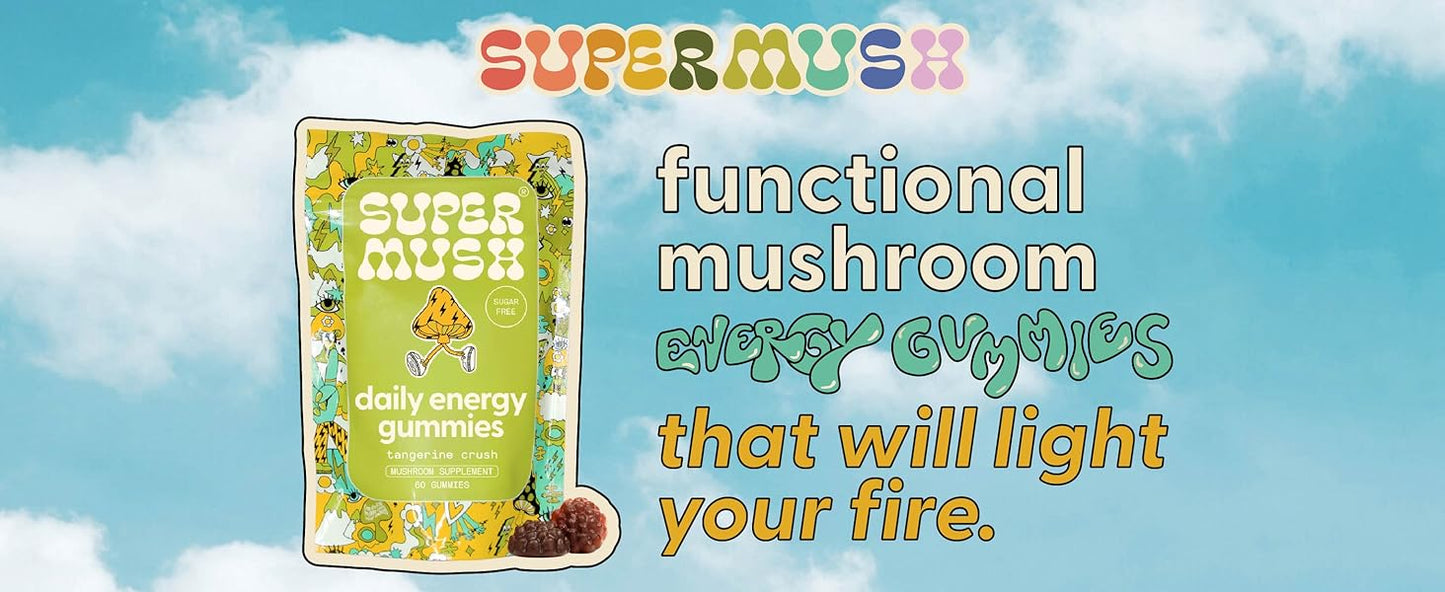 SuperMush, Energy Mushroom Gummies - Organic Lions Mane Supplement with Cordyceps, Rhodiola, L-Theanine, Maca - Vegan & Sugar-Free - Energy, Focus, Stamina, Stress Reduction - 60 Gummies (30 Servings)