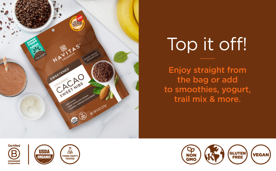 Navitas Organics, Cacao Sweet Nibs, 4oz. Bag, 28 Servings — Organic, Non-GMO, Gluten-Free