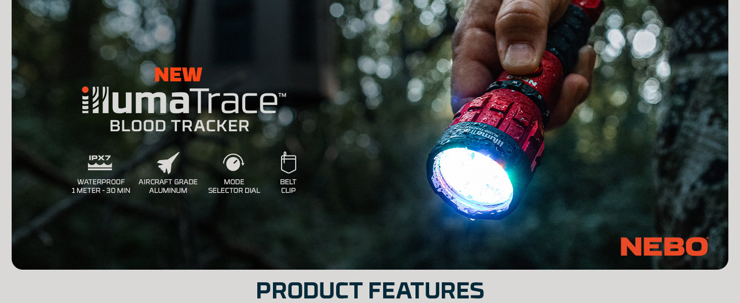 NEBO, IllumaTrace Blood Tracker Flashlight | 180 Lumens, 3 Hour Run Time, Rechargeable Tracking Light for Big Game Hunters, Waterproof, High Grip Handle, White Light Mode, Includes USB Charging Cable
