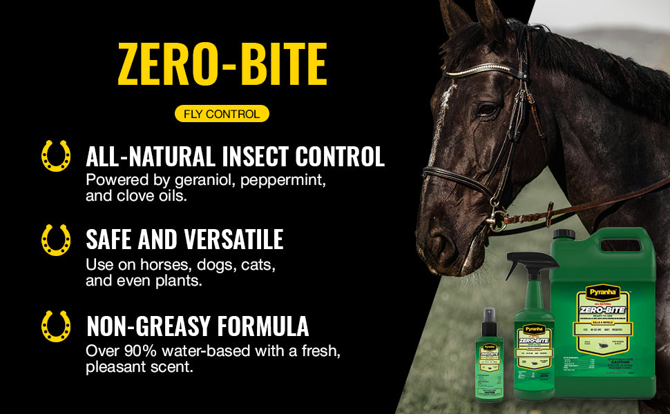 PYRANHA, Zero-Bite All Natural Fly Spray - Ready to Use Water Based Repellent for Horses, Dogs, Cats, Ferrets, Caged Pets, Livestock | Repels Flies, Gnats, Mosquitoes, No-See-UMS