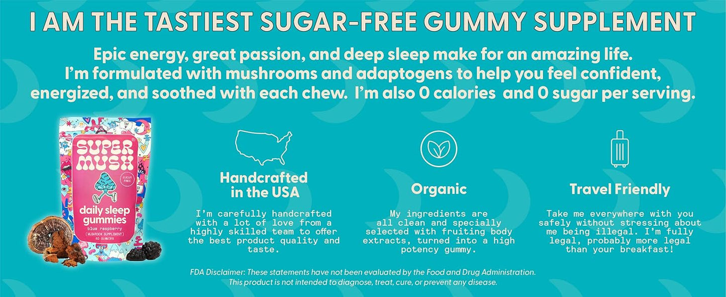 SuperMush, Sleep Gummies for Adults - Mushroom Supplement with Magnesium Citrate, L-Theanine, Chaga, Reishi & Chamomile for Deep Sleep, REM & Detox - Vegan & Sugar-Free - 60 Gummies (30 Servings)