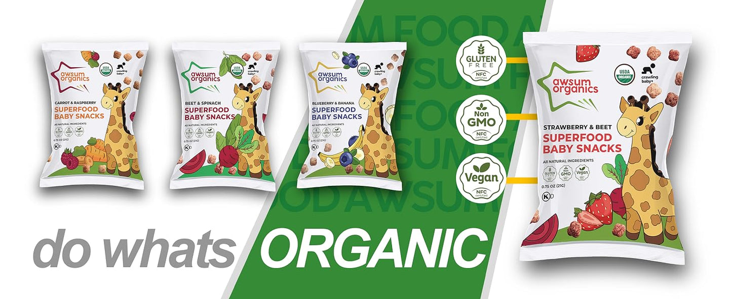 Awsum Organics, Baby Snacks - Happy Healthy Baby Food - Snack for Babies - Organic Vegan Kosher Gluten Free - Natural Plant Based Puffs - Non-Allergy - No Added Sugar 0.75 Oz Bag (Variety, 12 bags)