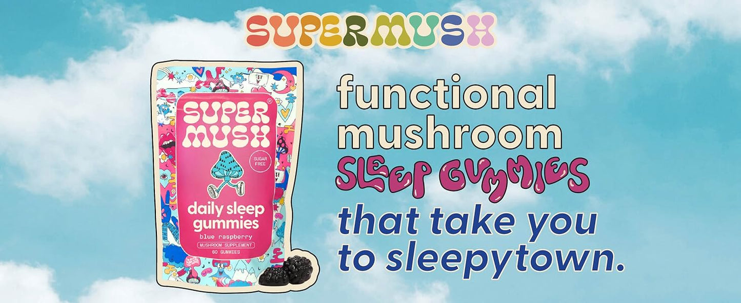 SuperMush, Sleep Gummies for Adults - Mushroom Supplement with Magnesium Citrate, L-Theanine, Chaga, Reishi & Chamomile for Deep Sleep, REM & Detox - Vegan & Sugar-Free - 60 Gummies (30 Servings)