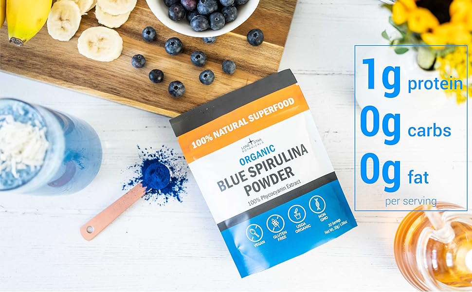 Lone Star, Organic Blue Spirulina Powder - 100% Pure Superfood, Blue-Green Algae, No Fishy Smell, Natural Food Coloring for Smoothies & Protein Drinks - Non GMO, Gluten-Free, Vegan + USDA Certified, 30 Servings