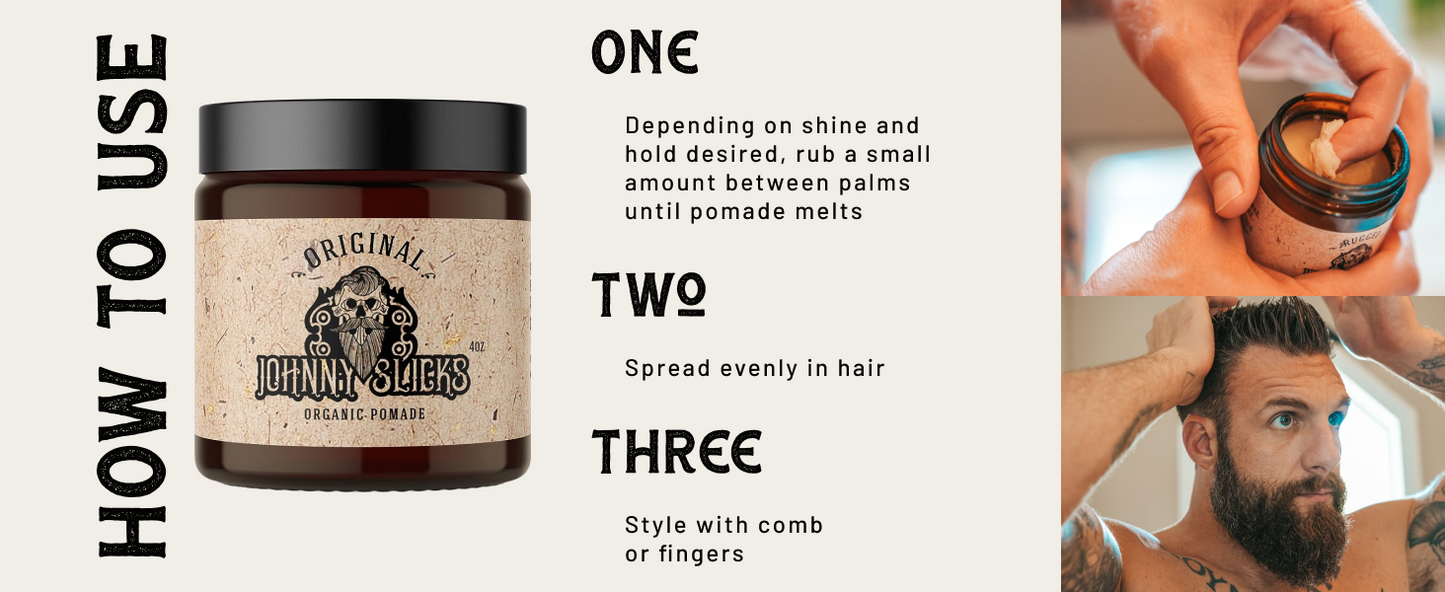 Johnny Slicks, Oil Based Pomade | Organic Hair Styling for Men, Low to Medium Hold | Promotes Healthy Hair Growth & Helps Hydrate Dry Skin, (Rugged, 4 Ounce) Veteran Owned, USA Made.