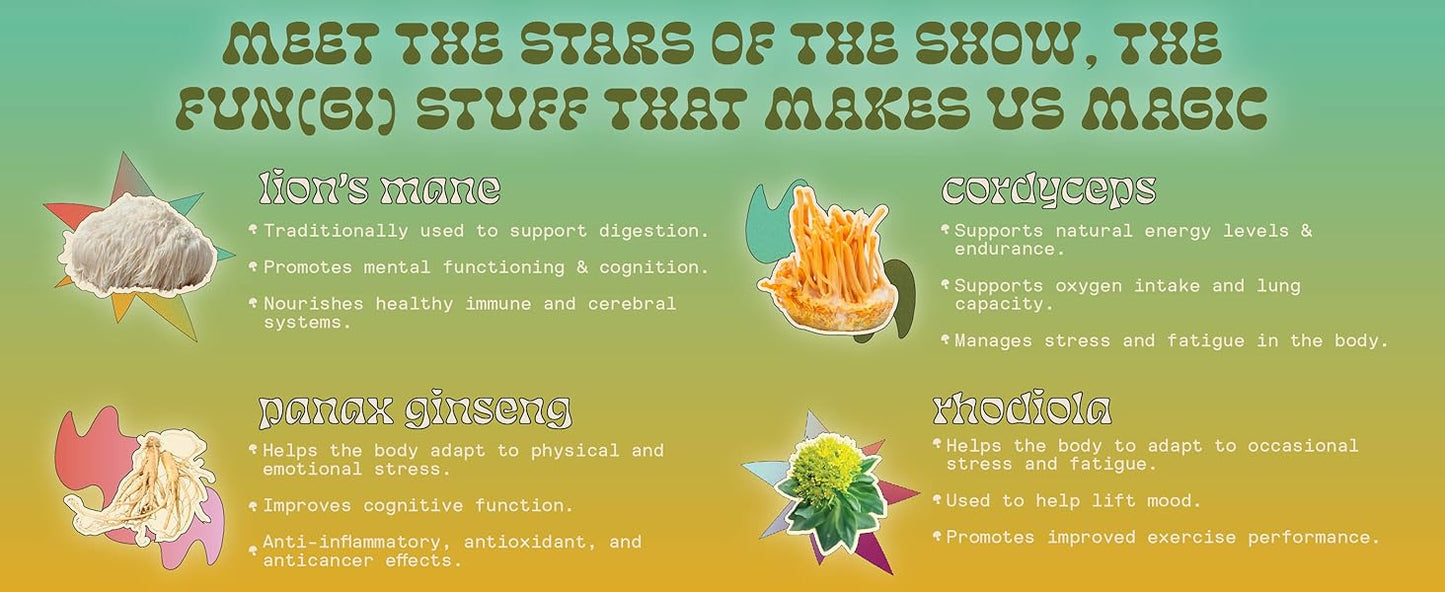 SuperMush, Energy Mushroom Gummies - Organic Lions Mane Supplement with Cordyceps, Rhodiola, L-Theanine, Maca - Vegan & Sugar-Free - Energy, Focus, Stamina, Stress Reduction - 60 Gummies (30 Servings)