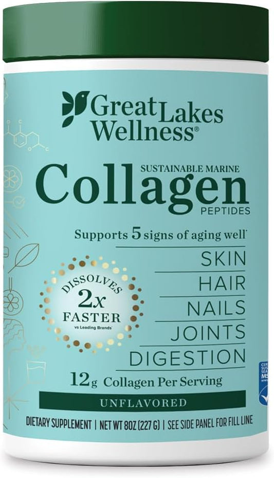 Great Lakes Wellness, Sustainable Marine Collagen Peptides Powder for Skin, Hair, Nails, Joints & Digestion - Unflavored - Quick Dissolve Hydrolyzed, Wild Caught, MSC Certified, Non-GMO, Kosher - 8 oz