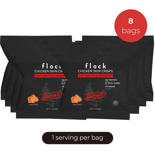 Flock, Keto Chicken Skin Chips | Hattie B's Nashville Hot Flavor | Low Carb, High Protein, Sugar Free, Gluten Free Fried Chicken Skins - Chicken Chips for People I (1oz) 8-Pack Crispy Chicken Flock Chips