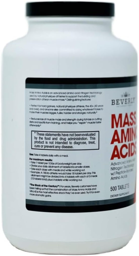 Beverly International, Mass Amino Acids, 500 Tabs. Use Pre-Post Workout, with Meals, Essential for Muscle Recovery and Repair. Complete Amino Acid Profile