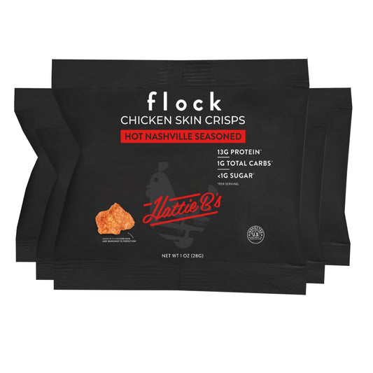 Flock, Keto Chicken Skin Chips | Hattie B's Nashville Hot Flavor | Low Carb, High Protein, Sugar Free, Gluten Free Fried Chicken Skins - Chicken Chips for People I (1oz) 8-Pack Crispy Chicken Flock Chips