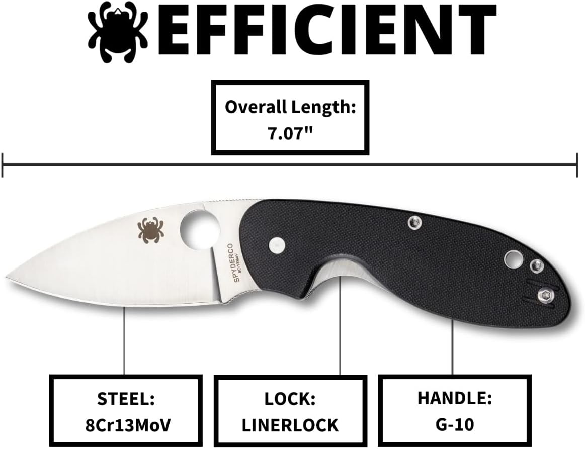 Spyderco, Efficient Value Knife with 2.98" Stainless Steel Drop-Point Blade and Durable Black G-10 Handle - PlainEdge - C216GP