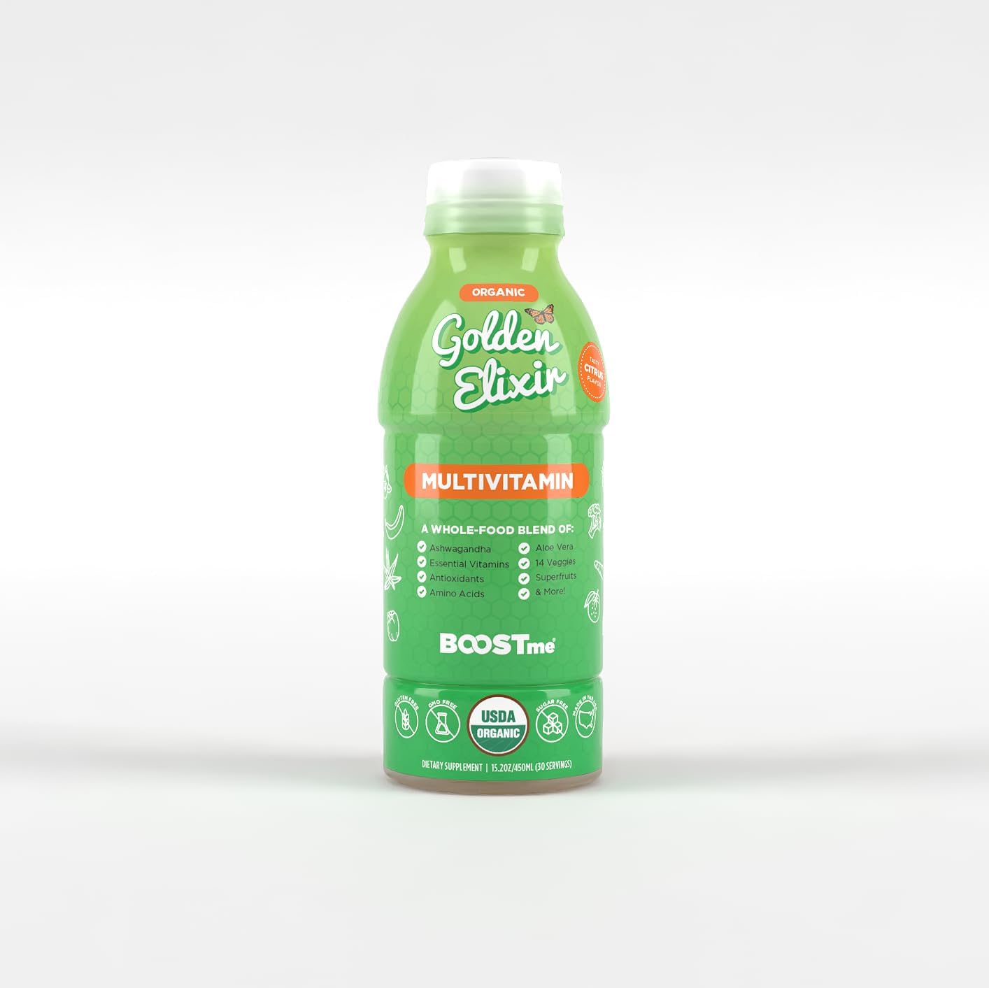 BoostMe, Organic Golden Elixir – Liquid Multivitamin with Ashwagandha, Amino Acids, Aloe Vera, Vegetables, Superfruits & Antioxidants | 100% Organic | Nutrient-Rich Daily Support
